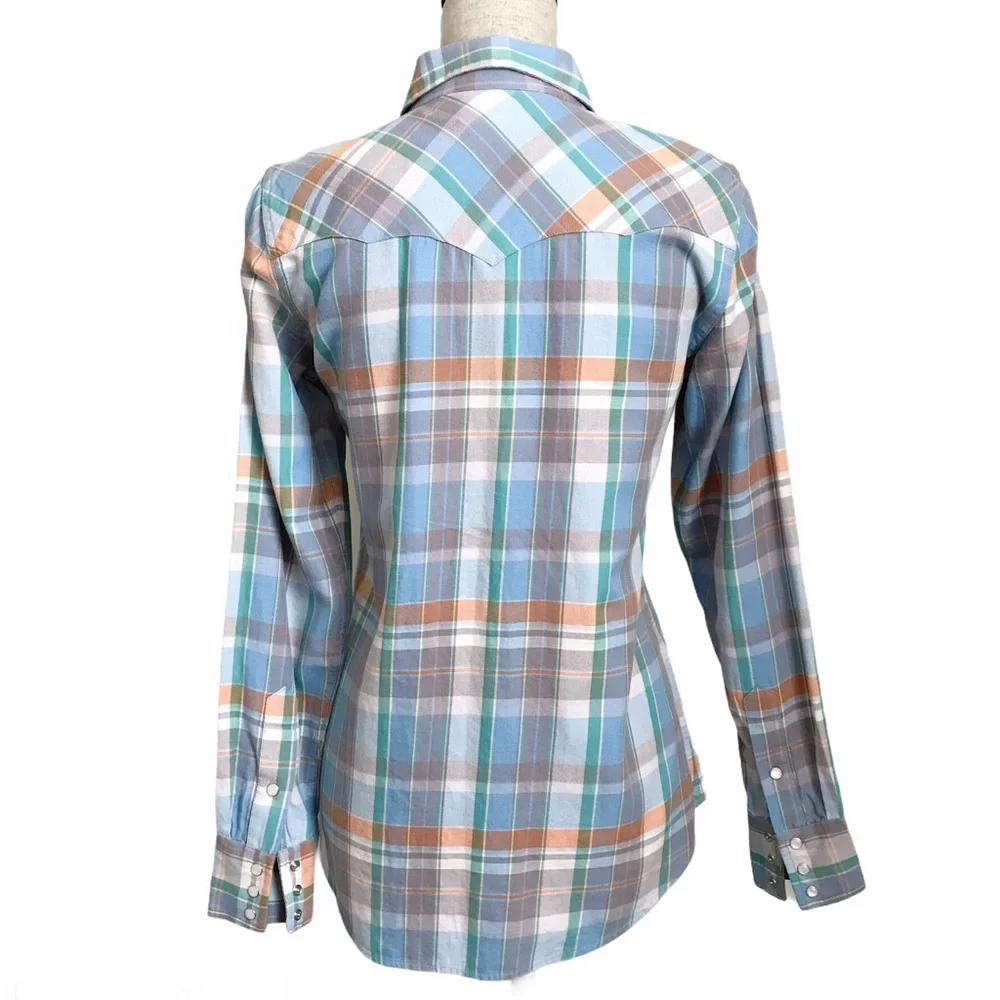 Ralph Lauren Plaid Western Pearl Snap Top Button Down Cotton Blouse Blue Small - Picture 5 of 13